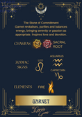 Load image into Gallery viewer, Garnet information sheet iwht chakras, zodiac signs, elements on blue background with gold and the moon