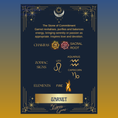 Load image into Gallery viewer, Garnet information card with chakras, zodiac signs, elemetns on blue background with moon at the top