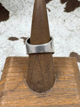Bild in Galerie-Betrachter laden, Back view of Sterling Silver Ribbed Statement Ring on wood block with cowhide background