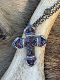 Load image into Gallery viewer, Purple and Black Cross on antler and caribou hide