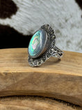 Load image into Gallery viewer, Abalone and Marcasite Sterling SIlver Ring on wood block with cowhide background
