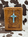 Load image into Gallery viewer, Larimar Cross with Sterling SIlver Chain on leather box with cowhide background