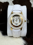 Load image into Gallery viewer, Eon 1962 White Carved Jade Ladies Watch on white pillow on cowhide background
