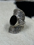 Load image into Gallery viewer, Vintage Black Tourmaline and Sterling Silver Shield Ring on black and white background