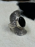 Load image into Gallery viewer, Vintage Black Tourmaline and Sterling Silver Shield Ring on black and white background