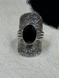 Load image into Gallery viewer, Vintage Black Tourmaline and Sterling Silver Shield Ring on black and white background