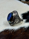 Load image into Gallery viewer, Druzy Blue Quartz and Sterling Silver Ring on cowhide background
