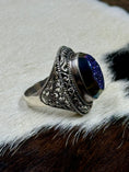 Load image into Gallery viewer, Druzy Blue Quartz and Sterling Silver Ring on cowhide background