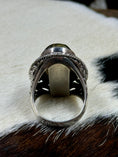 Load image into Gallery viewer, back of Druzy Blue Quartz and Sterling Silver Ring on cowhide background