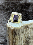 Load image into Gallery viewer, back of Vintage Amethyst and 14K Gold Ring on moose antler with fur background