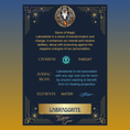 Load image into Gallery viewer, Information card about Labradorite with chakras, zodiac signs, elements pertaining to the stone. Has a horse on blue background