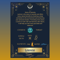 Load image into Gallery viewer, Information card on Larimar with chakras, zodiac, elements on blue background with the moon