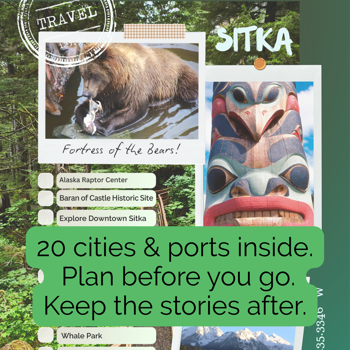 A travel page for Sitka with 20 cities and ports inside on the text.  Cities.  Anchorage, Palmer, Wasilla, Seward, Homer, Soldotna, Cooper Landing, Kasilof, Kenai, Denalim Fairbanks, Skagway, Haines, Juneau, Icy Strait Point (Hoonah), Sitka, Ketchikan, Valdez, Whittier, Kodiak Island