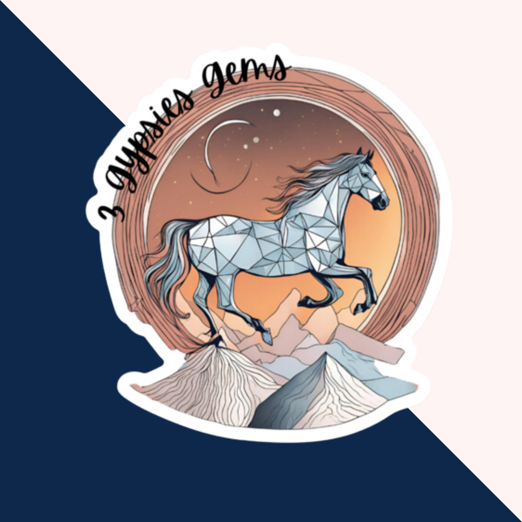 3 Gypsy Gems Horse sticker, with mountains and moon on a blue and white background