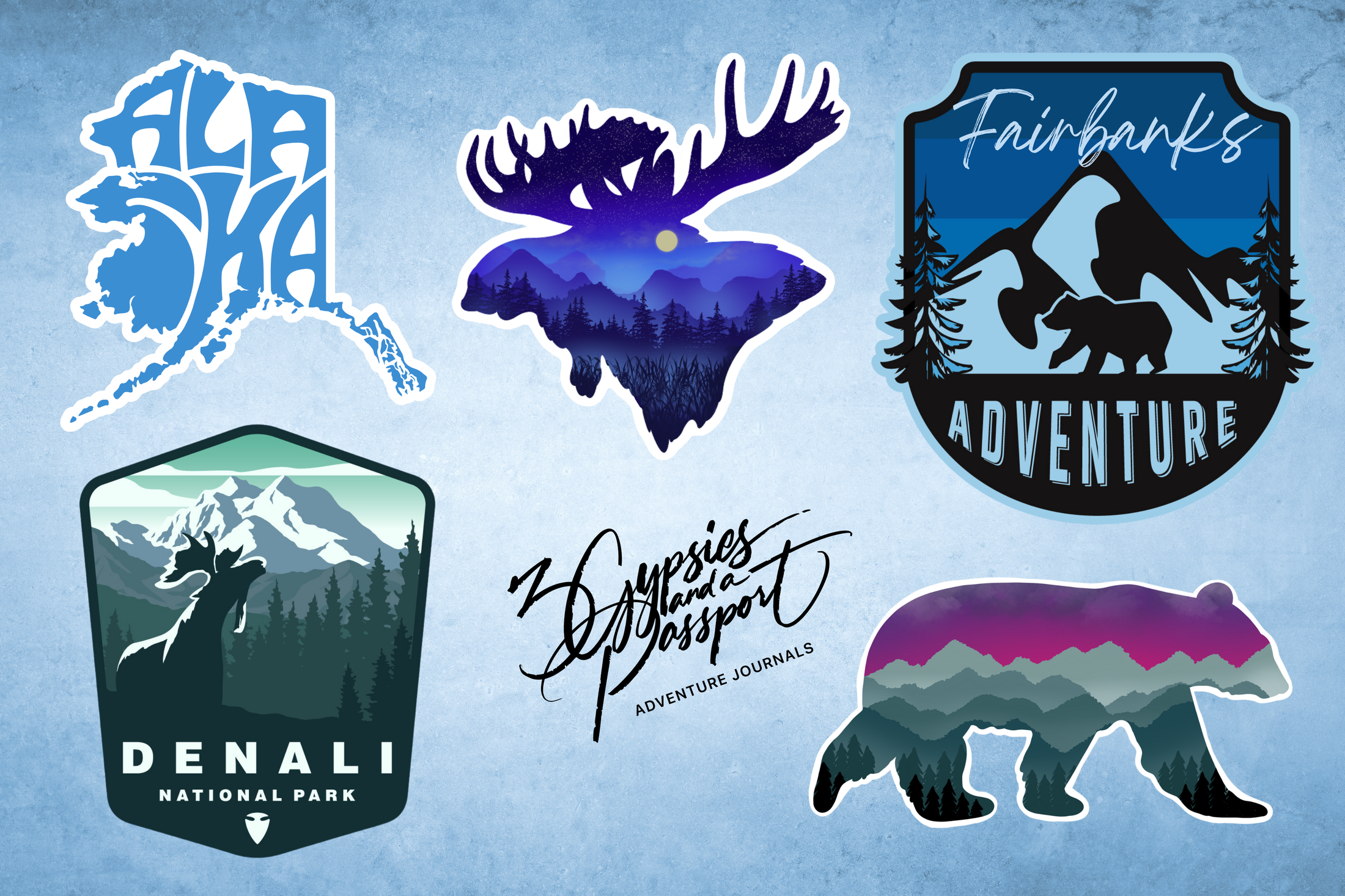 Sticker sheet with Alaska, moose, denali, bear and fairbanks stickers