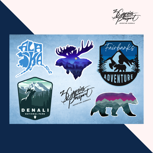 Sticker sheet with Alaska, moose, denali, bear and fairbanks stickers