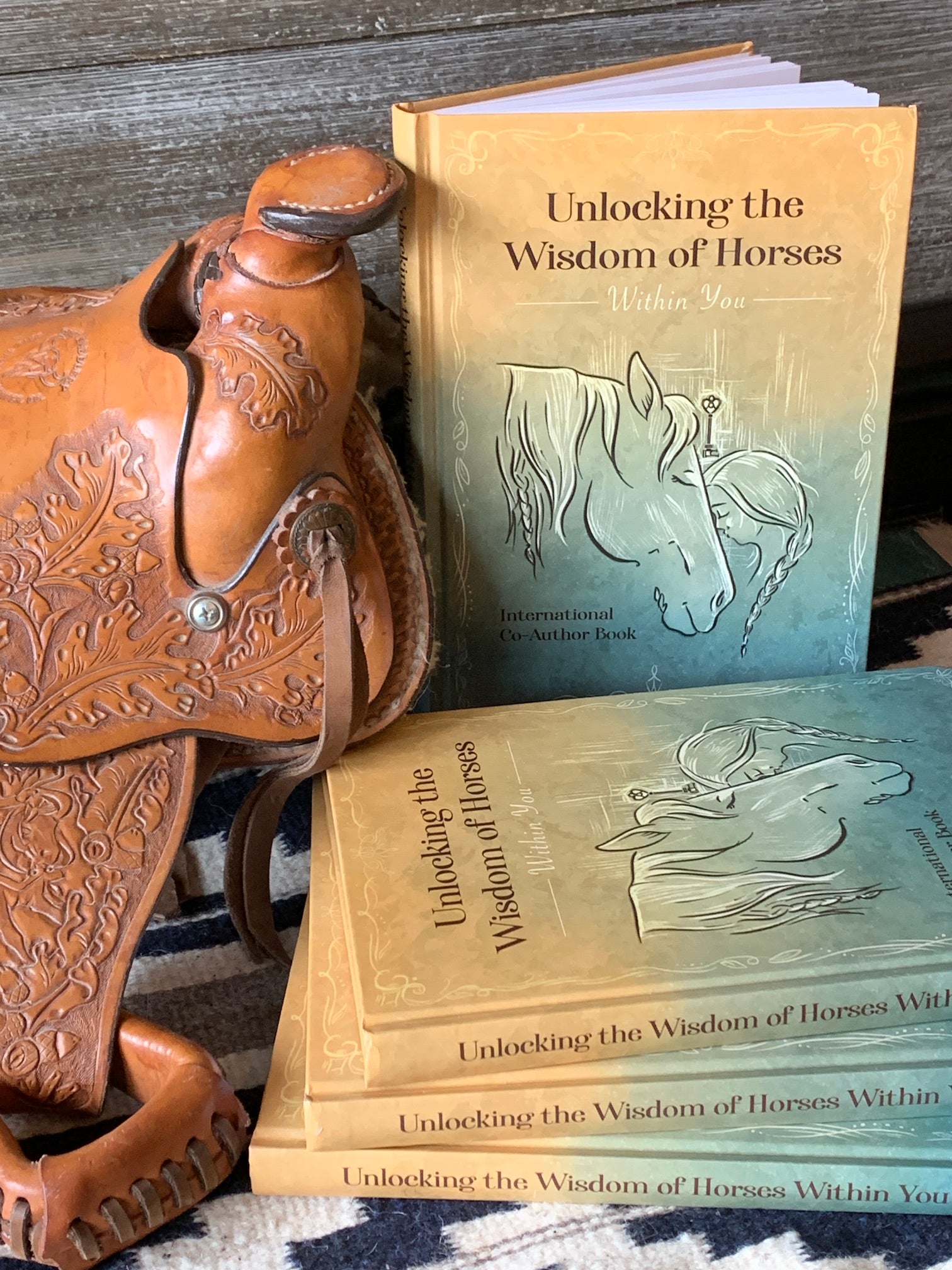 Book and Saddle with wood background on blue and white blanket