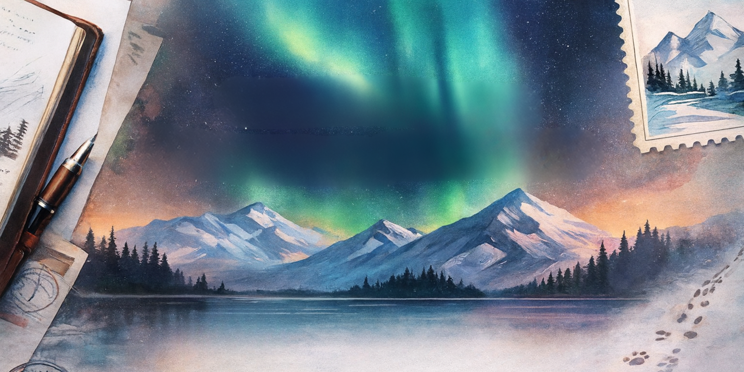 Scenic painting of mountains with northern lights and a pen on a surface