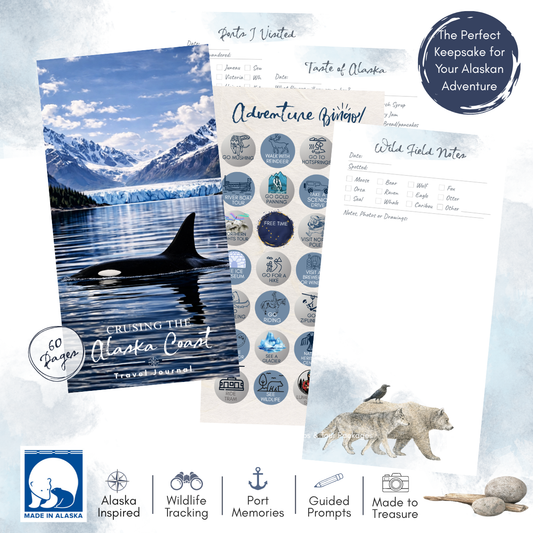 picture shows the cover with an orca on it and several pages including one with a wolf, bear and raven. 