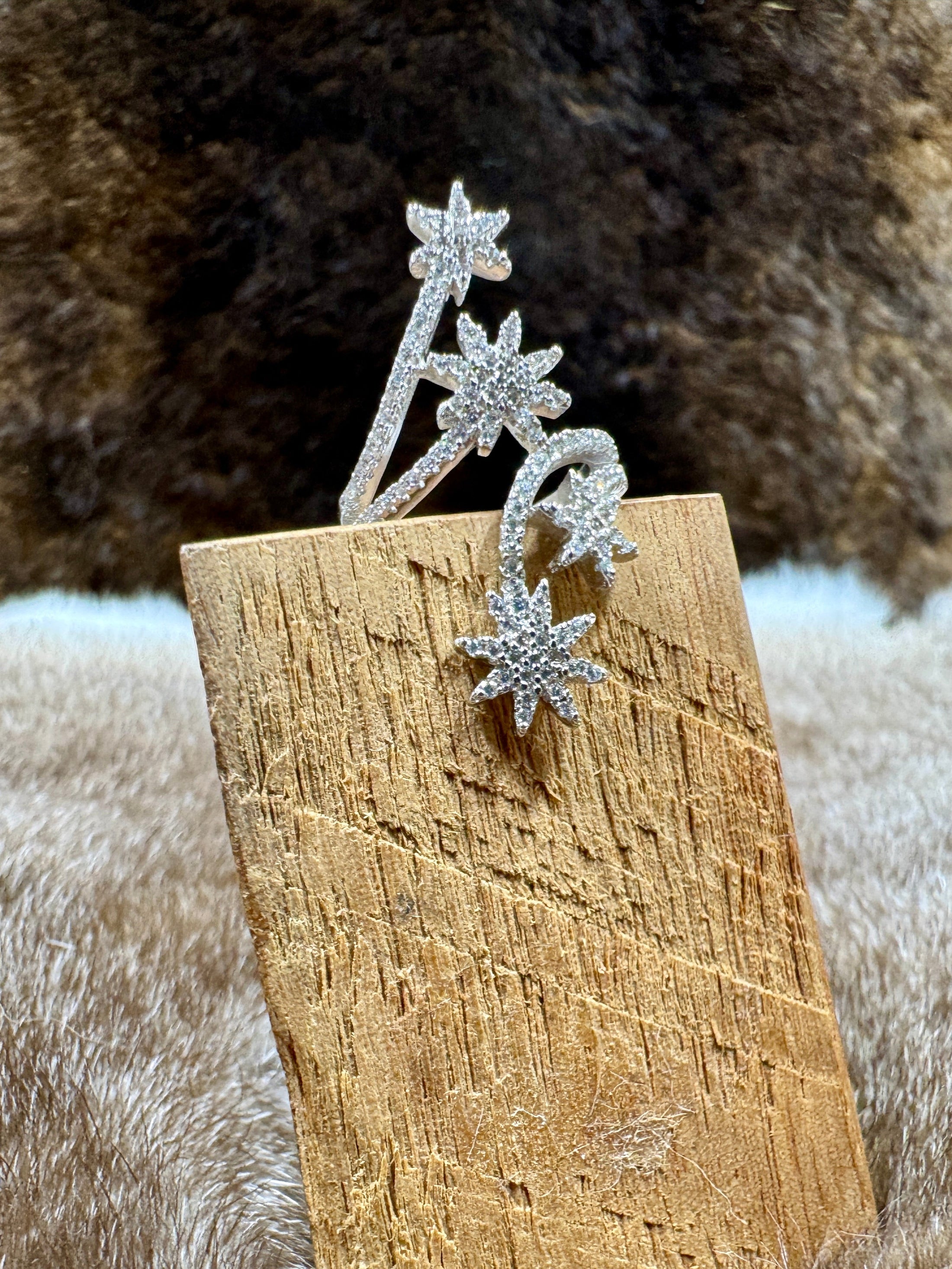 Silver star-shaped ring on a wooden block with a fur background