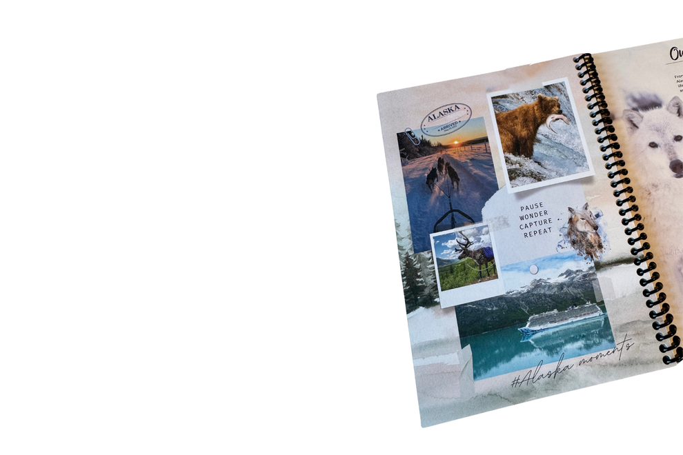 journal page with sled dogs, bear, ship and caribou