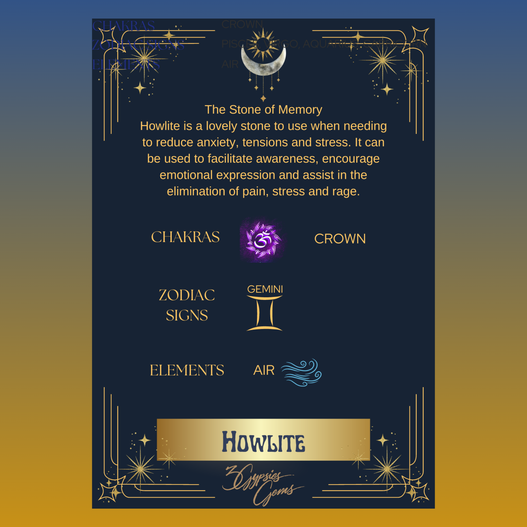 Information on Howlite with chakras, zodia signs and elements on blue back ground with moon at the top