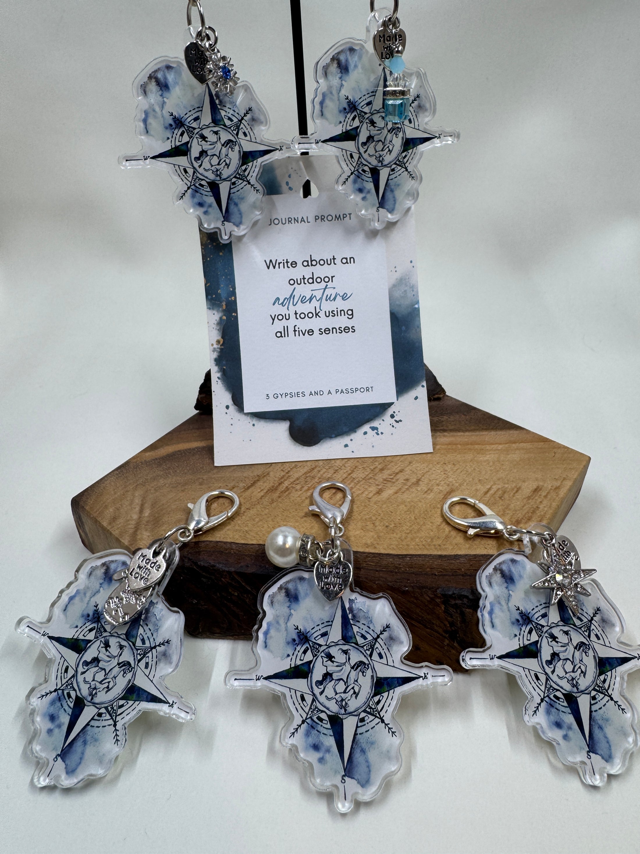 picture of planner charms on white back ground and wood block display