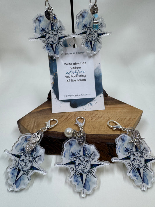 picture of planner charms on white back ground and wood block display