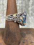 Load image into Gallery viewer, Side view of Sterling Silver and 18K Gold, this blue topaz ring by Barbara Bixby is stunning. Vintage
