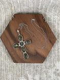 Load image into Gallery viewer, Labradorite Cross Pendant with Sterling Silver Chain on wood block with white background
