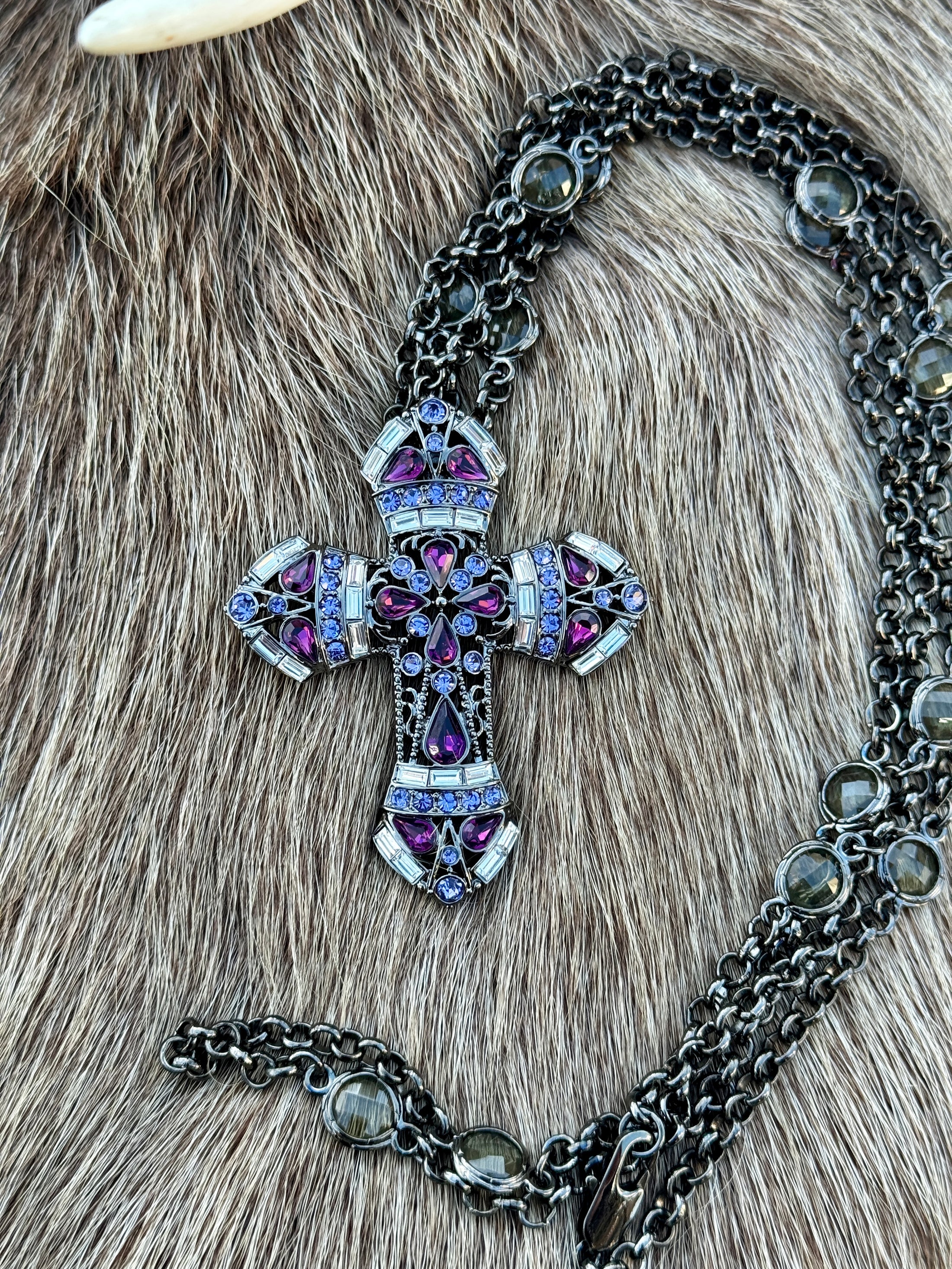 Purple and Black Cross on antler and caribou hide