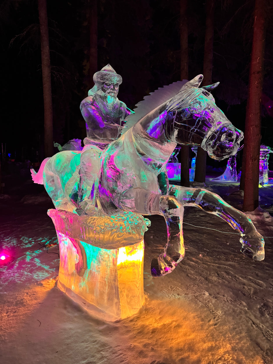 Ice sculpture of man on a horse