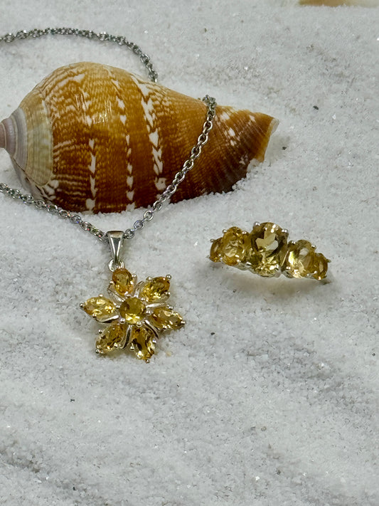 Citrine Flower Necklace and Ring Set on shell and sand