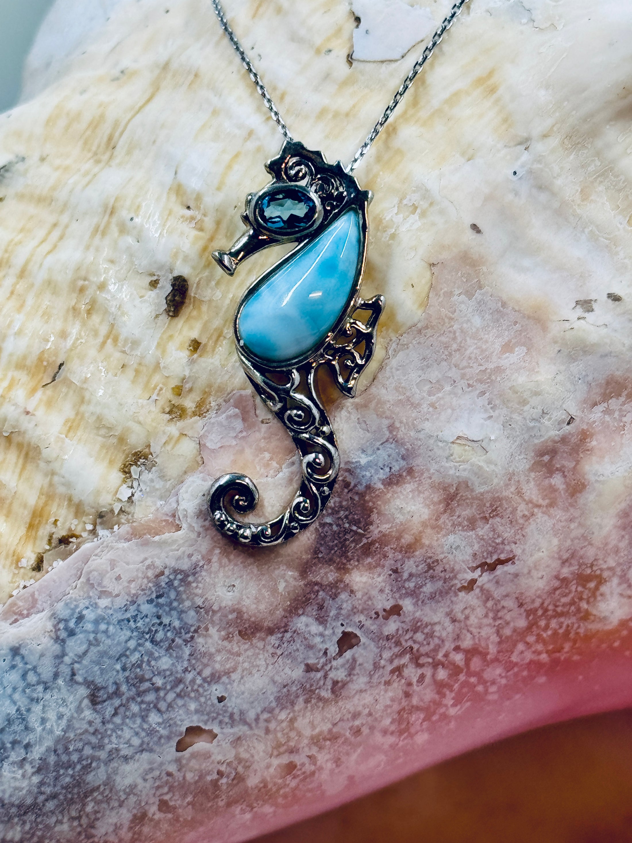 Larimar and Blue Topaz Sea Horse with Silver Chain on Seashell