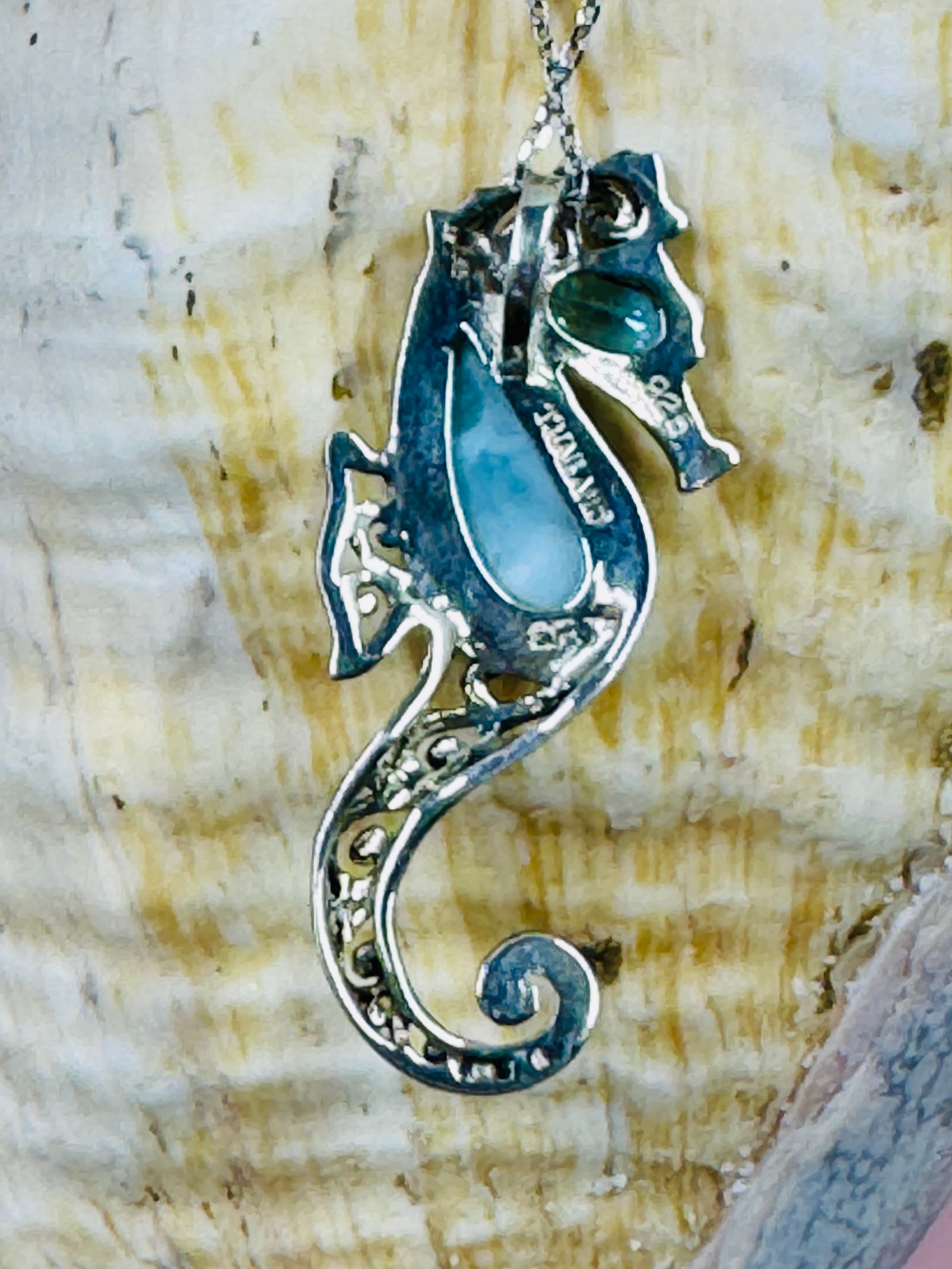 back of Larimar and Blue Topaz Sea Horse with Silver Chain