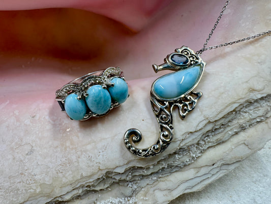 Larimar and Blue Topaz Sea Horse with Silver Chain with Larimar Ring on seashell