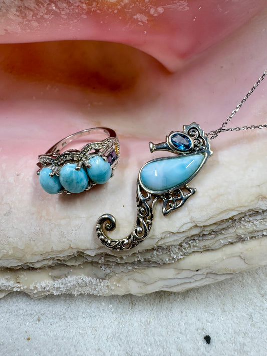 Larimar and Blue Topaz Sea Horse with Silver Chain and Larimar Ring on Seashell