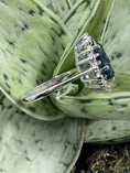 Load image into Gallery viewer, Side view of Blue and White Glass Ring on green plant
