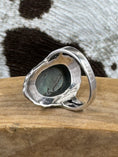 Load image into Gallery viewer, underside of Abalone and Marcasite Sterling SIlver Ring on wood block with cowhide background
