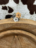 Load image into Gallery viewer, Jade and Mother of Pearl Flower RIng on wood block with cowhide background
