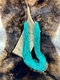 Load image into Gallery viewer, Turquoise colored beaded necklace on moose antler piece against fur background
