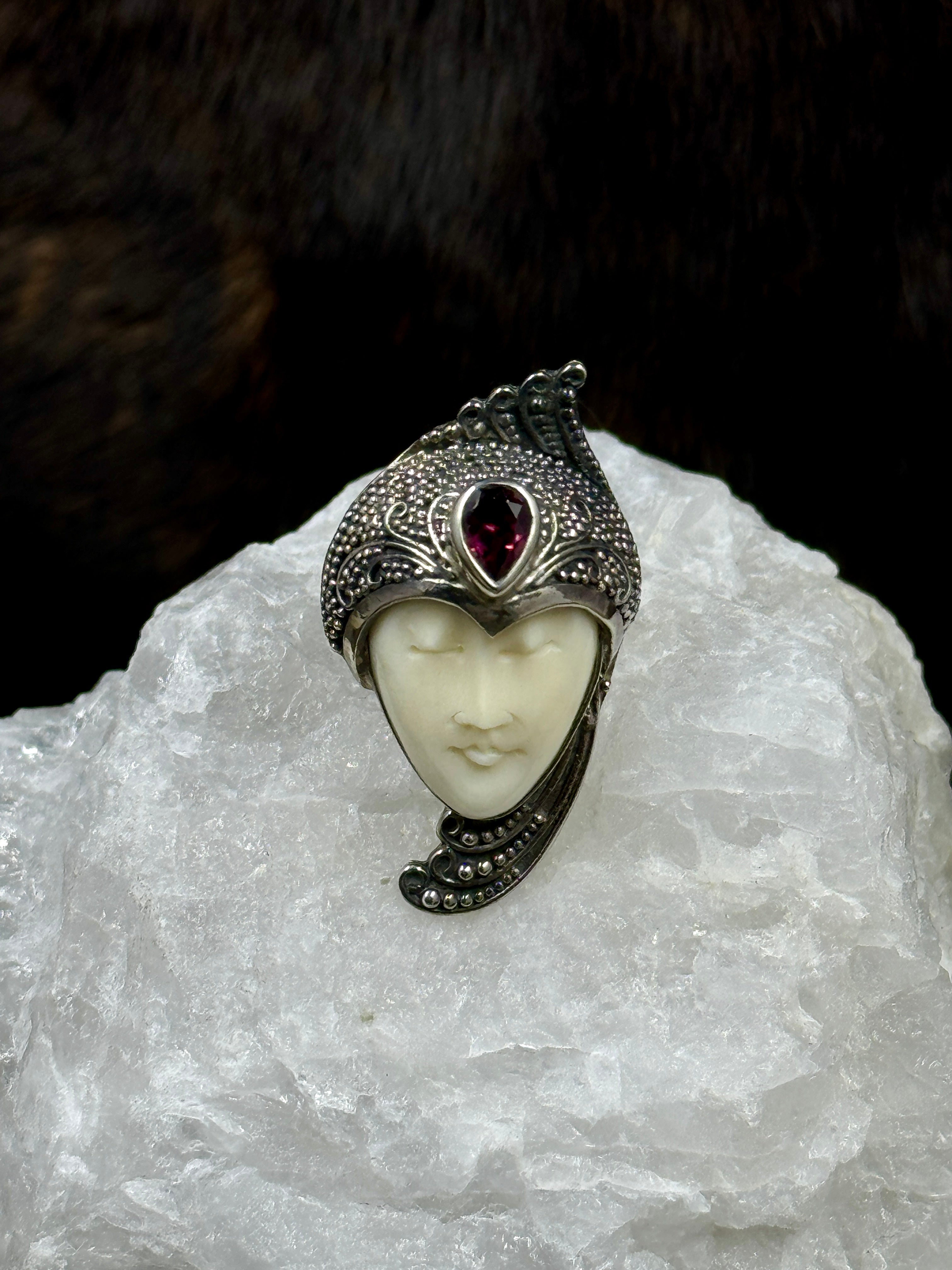 Bali Carved Bone Face Goddess Ring with Amethyst Colored Stone – 3 ...
