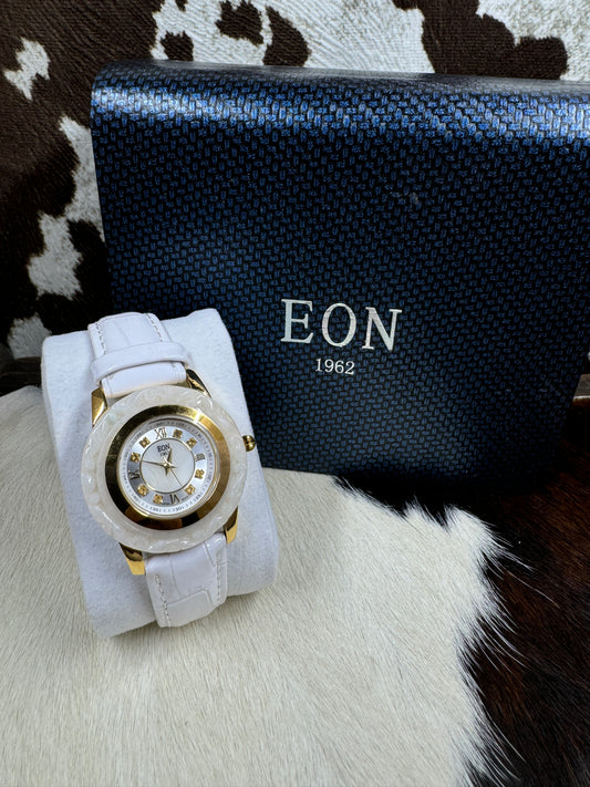 Eon 1962 White Carved Jade Ladies Watch with box on cowhide background