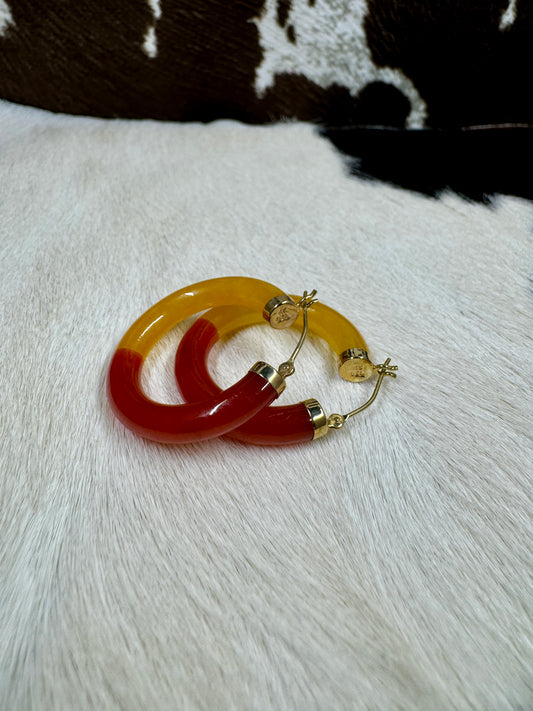 14K Yellow Gold and Bi-Color Jade Hoop Earrings on cowhide