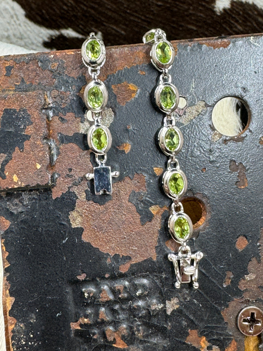 Silver Stainless Steel and Peridot Gem Bracelet on metal stand with cowhide background