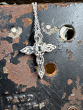 Load image into Gallery viewer, Back of D'joy Emerald Cross Necklace in Sterling on black metal stand 

