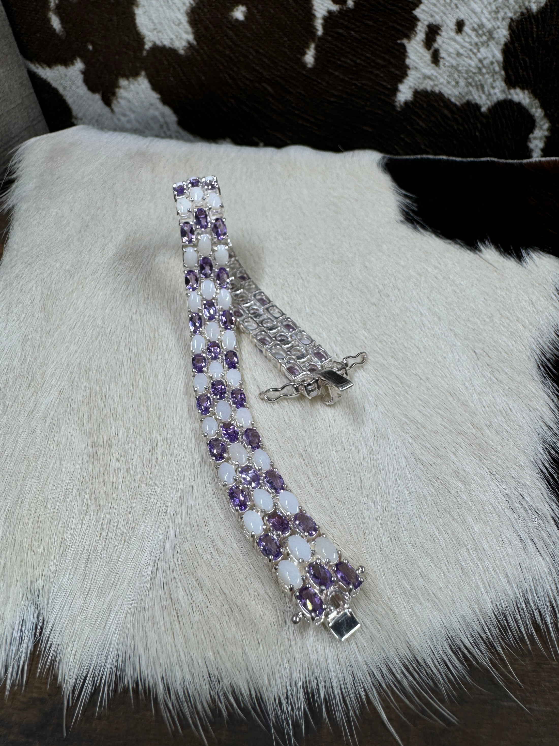 Genuine Opal and Amethyst Bracelet on white cowhide