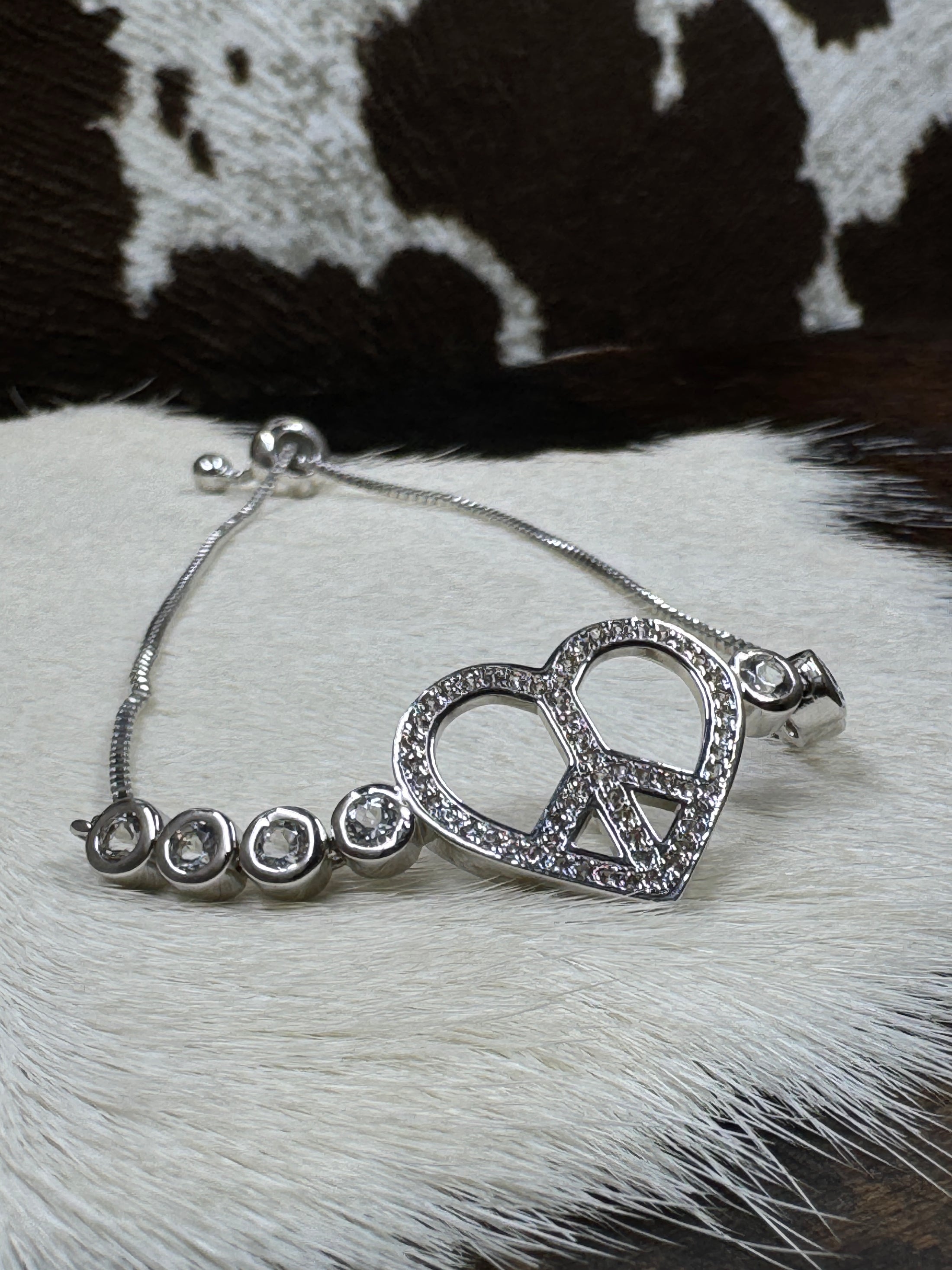 Silver Toned Peace and Love, Crystal Bracelet