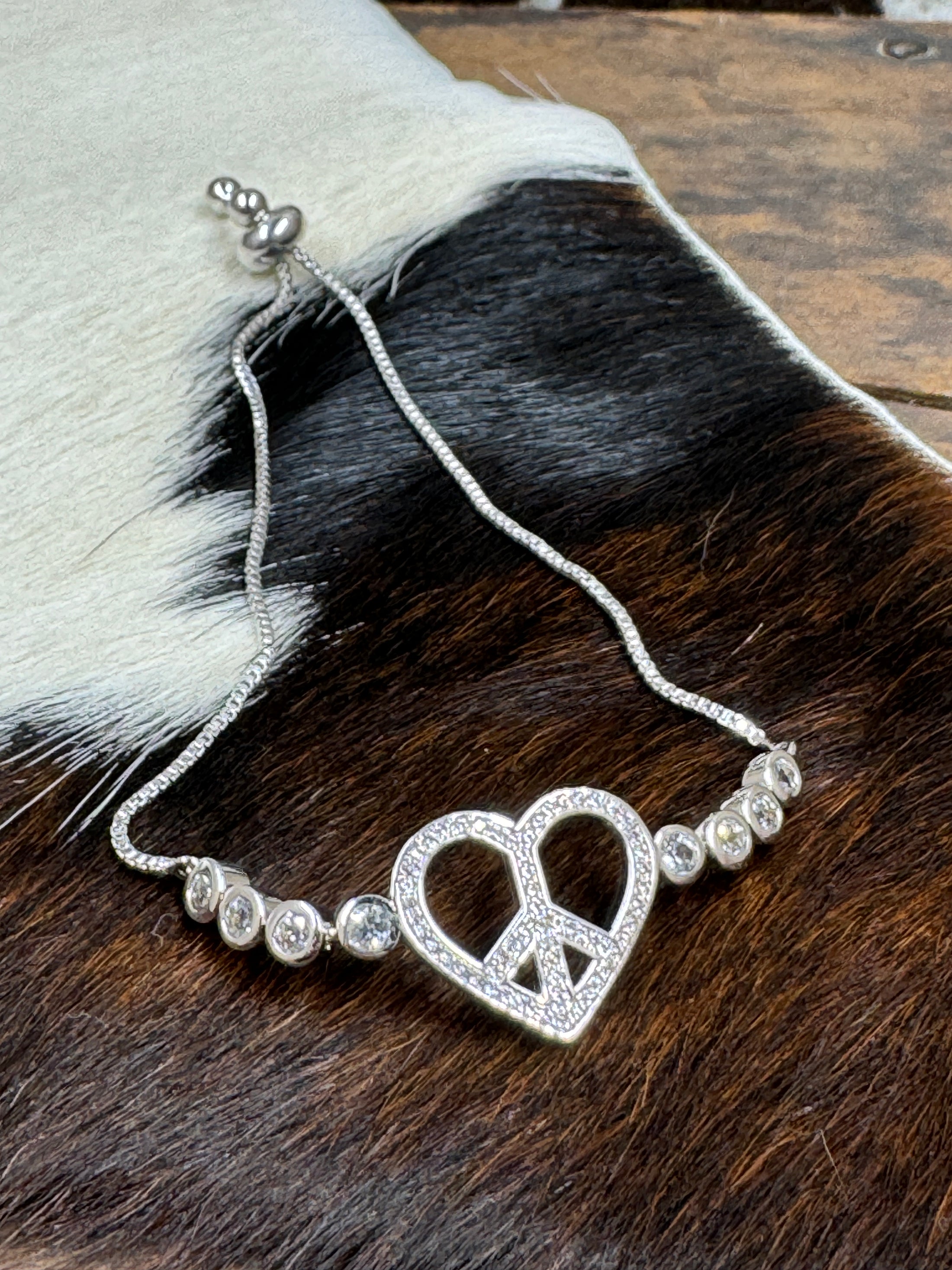 Silver Toned Peace and Love, Crystal Bracelet