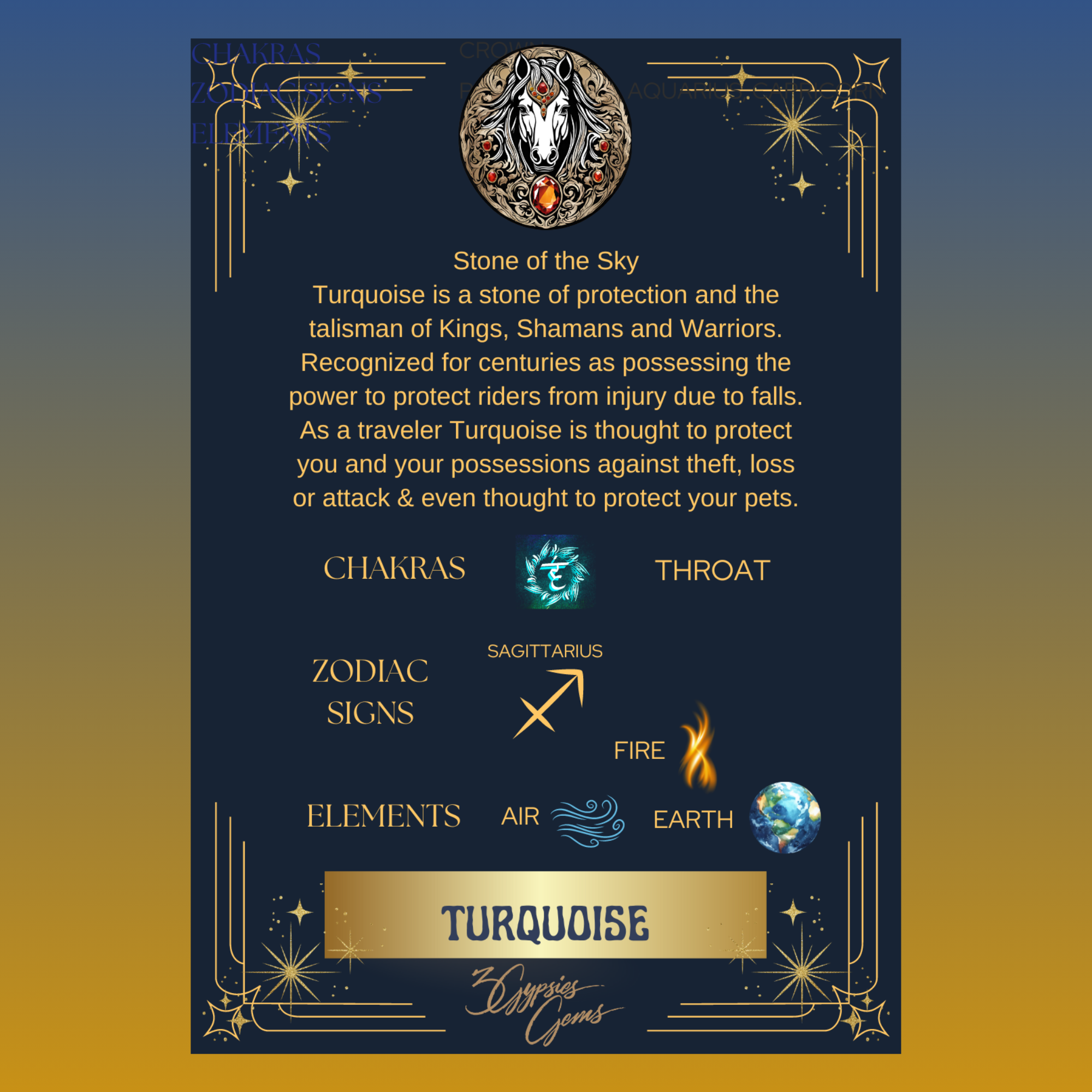 Turquoise information card with chakras zodiac and elements on a blue card with a horse